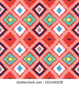 Ikat geometric folklore ornament with diamonds. Tribal ethnic vector texture. Seamless striped pattern in Aztec style. Folk embroidery. Indian, Scandinavian, Gypsy, Mexican, African rug.