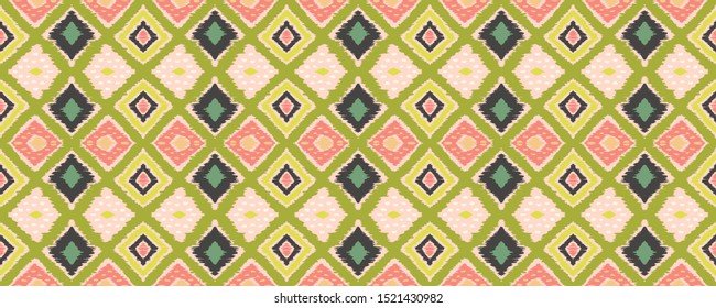 Ikat geometric folklore ornament with diamonds. Tribal ethnic vector texture. Seamless striped pattern in Aztec style. Folk embroidery. Indian, Scandinavian, Gypsy, Mexican, African rug.
