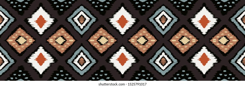 Ikat geometric folklore ornament with diamonds. Tribal ethnic vector texture. Seamless striped pattern in Aztec style. Folk embroidery. Indian, Scandinavian, Gypsy, Mexican, African rug.
