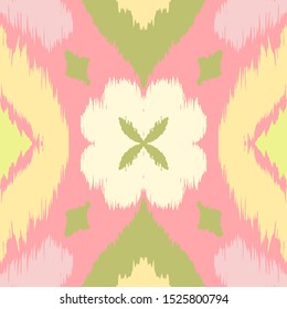 Ikat geometric folklore ornament with diamonds and flowers. African rug. Tribal ethnic vector texture. Seamless pattern in Aztec style. Folk embroidery. Indian batik. Mexican decor.