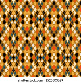 Ikat geometric folklore ornament with diamonds. Tribal ethnic vector texture. Seamless striped pattern in Aztec style. Folk embroidery. Indian, Scandinavian, Gypsy, Mexican, African rug.