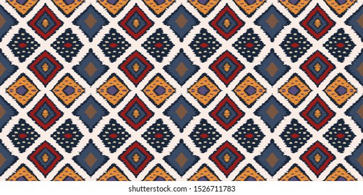 Ikat geometric folklore ornament with diamonds. Tribal ethnic vector texture. Seamless striped pattern in Aztec style. Folk embroidery. Indian, Scandinavian, Gypsy, Mexican, African rug.
