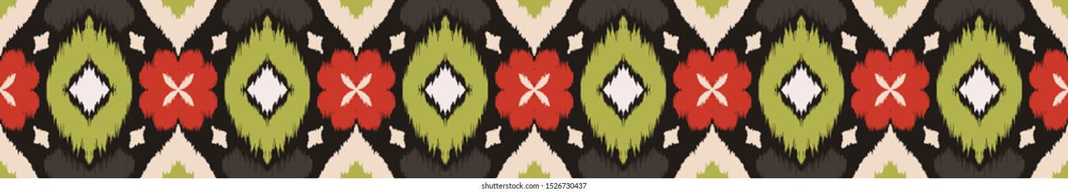 Ikat geometric folklore ornament with diamonds and flowers. African rug. Tribal ethnic vector texture. Seamless pattern in Aztec style. Folk embroidery. Indian batik. Mexican decor.