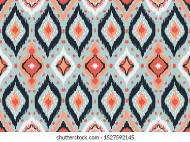 Ikat geometric folklore ornament with diamonds. Tribal ethnic vector texture. Seamless striped pattern in Aztec style. Folk embroidery. Indian, Scandinavian, Gypsy, Mexican, African rug. 