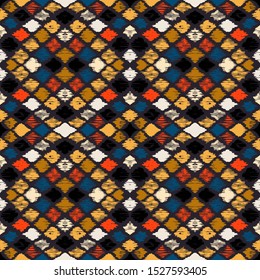 Ikat geometric folklore ornament with diamonds. Tribal ethnic vector texture. Seamless striped pattern in Aztec style. Folk embroidery. Indian, Scandinavian, Gypsy, Mexican, African rug.