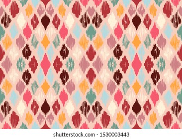 Ikat geometric folklore ornament with diamonds. Tribal ethnic vector texture. Seamless striped pattern in Aztec style. Folk embroidery. Indian, Scandinavian, Gypsy, Mexican, African rug.