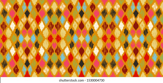 Ikat geometric folklore ornament with diamonds. Tribal ethnic vector texture. Seamless striped pattern in Aztec style. Folk embroidery. Indian, Scandinavian, Gypsy, Mexican, African rug.