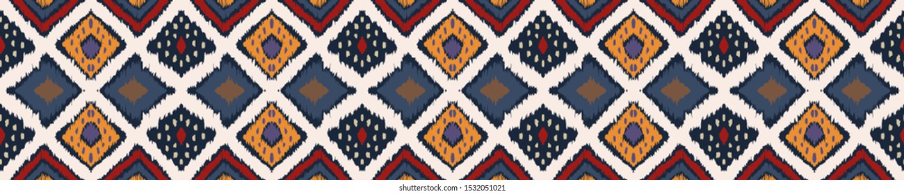 Ikat geometric folklore ornament with diamonds. Tribal ethnic vector texture. Seamless striped pattern in Aztec style. Folk embroidery. Indian, Scandinavian, Gypsy, Mexican, African rug.