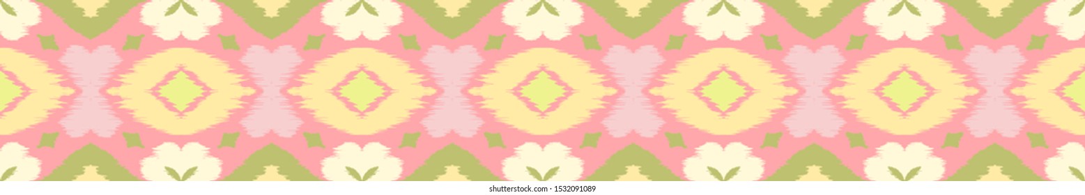 Ikat geometric folklore ornament with diamonds and flowers. African rug. Tribal ethnic vector texture. Seamless pattern in Aztec style. Folk embroidery. Indian batik. Mexican decor.
