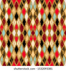 Ikat geometric folklore ornament with diamonds. Tribal ethnic vector texture. Seamless striped pattern in Aztec style. Folk embroidery. Indian, Scandinavian, Gypsy, Mexican, African rug.