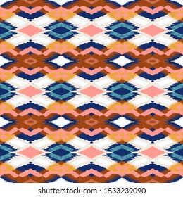Ikat geometric folklore ornament with diamonds. Tribal ethnic vector texture. Seamless striped pattern in Aztec style. Folk embroidery. Indian, Scandinavian, Gypsy, Mexican, African rug.