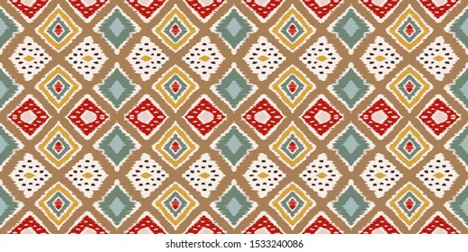 Ikat geometric folklore ornament with diamonds. Tribal ethnic vector texture. Seamless striped pattern in Aztec style. Folk embroidery. Indian, Scandinavian, Gypsy, Mexican, African rug.