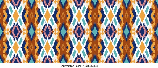 Ikat geometric folklore ornament with diamonds. Tribal ethnic vector texture. Seamless striped pattern in Aztec style. Folk embroidery. Indian, Scandinavian, Gypsy, Mexican, African rug.