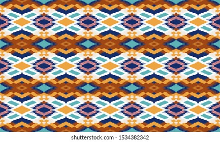 Ikat geometric folklore ornament with diamonds. Tribal ethnic vector texture. Seamless striped pattern in Aztec style. Folk embroidery. Indian, Scandinavian, Gypsy, Mexican, African rug.