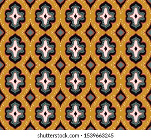 Ikat geometric folklore ornament with diamonds. Damask rug. Tribal ethnic vector texture. Persian geo print. Seamless pattern in Aztec style. Folk embroidery. Gypsy, Mexican, African print. 