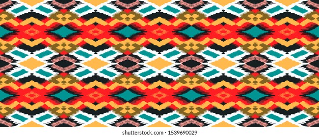 Ikat geometric folklore ornament with diamonds. Tribal ethnic vector texture. Seamless striped pattern in Aztec style. Folk embroidery. Indian, Scandinavian, Gypsy, Mexican, African rug.