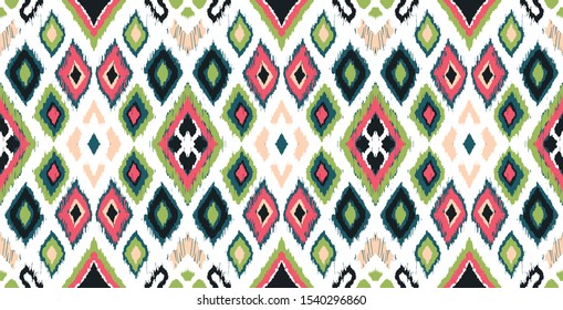 Ikat geometric folklore ornament with diamonds. Tribal ethnic vector texture. Seamless striped pattern in Aztec style. Folk embroidery. Indian, Scandinavian, Gypsy, Mexican, African rug. 