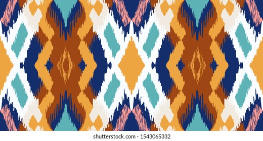 Ikat geometric folklore ornament with diamonds. Tribal ethnic vector texture. Seamless striped pattern in Aztec style. Folk embroidery. Indian, Scandinavian, Gypsy, Mexican, African rug.