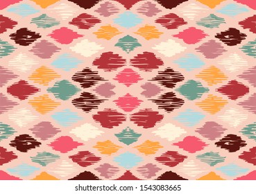 Ikat geometric folklore ornament with diamonds. Tribal ethnic vector texture. Seamless striped pattern in Aztec style. Folk embroidery. Indian, Scandinavian, Gypsy, Mexican, African rug.