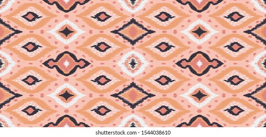 Ikat geometric folklore ornament with diamonds. Tribal ethnic vector texture. Seamless striped pattern in Aztec style. Folk embroidery. Indian, Scandinavian, Gypsy, Mexican, African rug. 
