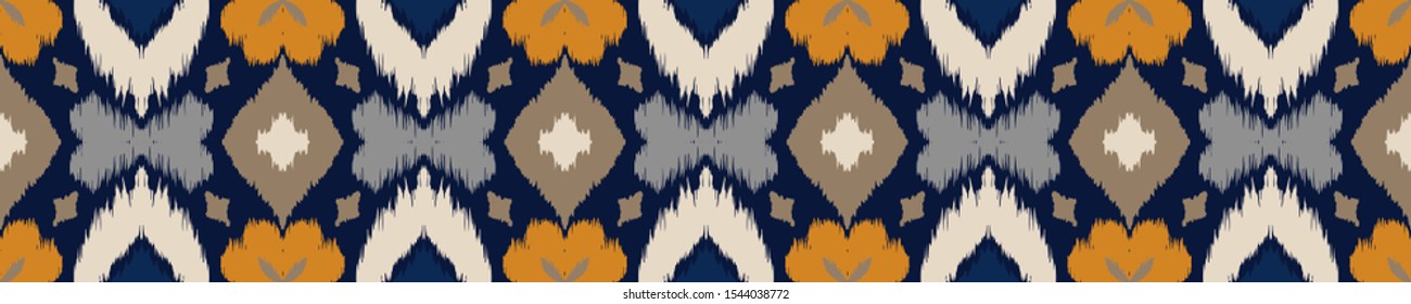 Ikat geometric folklore ornament with diamonds and flowers. African rug. Tribal ethnic vector texture. Seamless pattern in Aztec style. Folk embroidery. Indian batik. Mexican decor.