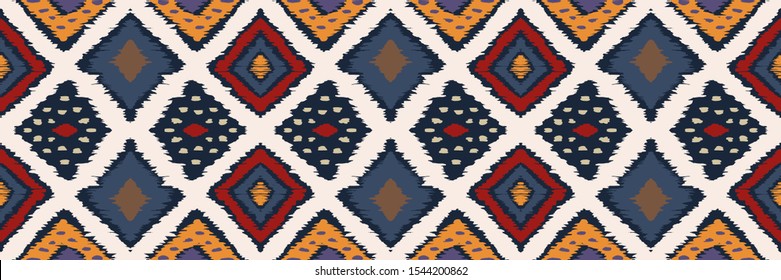 Ikat geometric folklore ornament with diamonds. Tribal ethnic vector texture. Seamless striped pattern in Aztec style. Folk embroidery. Indian, Scandinavian, Gypsy, Mexican, African rug.