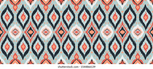 Ikat geometric folklore ornament with diamonds. Tribal ethnic vector texture. Seamless striped pattern in Aztec style. Folk embroidery. Indian, Scandinavian, Gypsy, Mexican, African rug. 