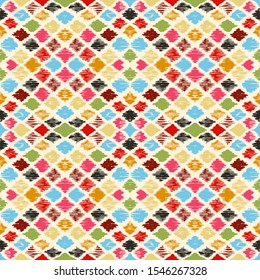Ikat geometric folklore ornament with diamonds. Tribal ethnic vector texture. Seamless striped pattern in Aztec style. Folk embroidery. Indian, Scandinavian, Gypsy, Mexican, African rug.