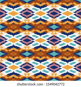 Ikat geometric folklore ornament with diamonds. Tribal ethnic vector texture. Seamless striped pattern in Aztec style. Folk embroidery. Indian, Scandinavian, Gypsy, Mexican, African rug.