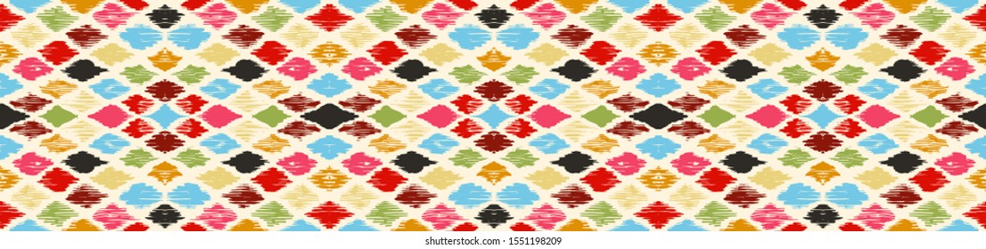 Ikat geometric folklore ornament with diamonds. Tribal ethnic vector texture. Seamless striped pattern in Aztec style. Folk embroidery. Indian, Scandinavian, Gypsy, Mexican, African rug.