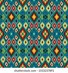 Ikat geometric folklore ornament with diamonds. Tribal ethnic vector texture. Seamless striped pattern in Aztec style. Folk embroidery. Indian, Scandinavian, Gypsy, Mexican, African rug. 