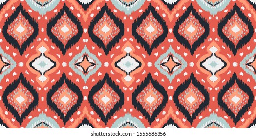 Ikat geometric folklore ornament with diamonds. Tribal ethnic vector texture. Seamless striped pattern in Aztec style. Folk embroidery. Indian, Scandinavian, Gypsy, Mexican, African rug. 