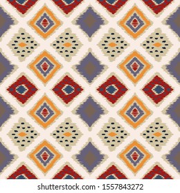 Ikat geometric folklore ornament with diamonds. Tribal ethnic vector texture. Seamless striped pattern in Aztec style. Folk embroidery. Indian, Scandinavian, Gypsy, Mexican, African rug.