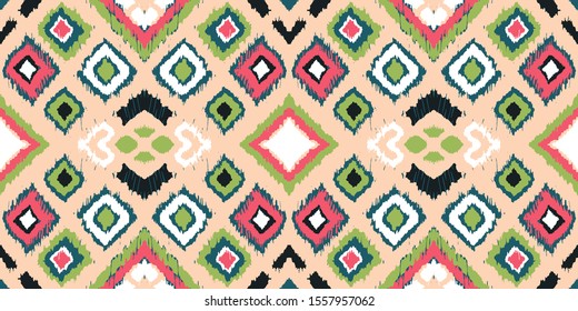 Ikat geometric folklore ornament with diamonds. Tribal ethnic vector texture. Seamless striped pattern in Aztec style. Folk embroidery. Indian, Scandinavian, Gypsy, Mexican, African rug. 