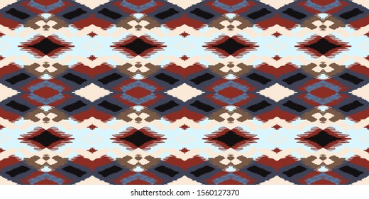Ikat geometric folklore ornament with diamonds. Tribal ethnic vector texture. Seamless striped pattern in Aztec style. Folk embroidery. Indian, Scandinavian, Gypsy, Mexican, African rug.