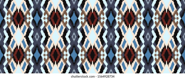 Ikat geometric folklore ornament with diamonds. Tribal ethnic vector texture. Seamless striped pattern in Aztec style. Folk embroidery. Indian, Scandinavian, Gypsy, Mexican, African rug.