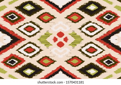 Ikat geometric folklore ornament with diamonds. Tribal ethnic vector texture. Seamless striped pattern in Aztec style. Folk embroidery. Indian, Scandinavian, Gypsy, Mexican, African rug. 