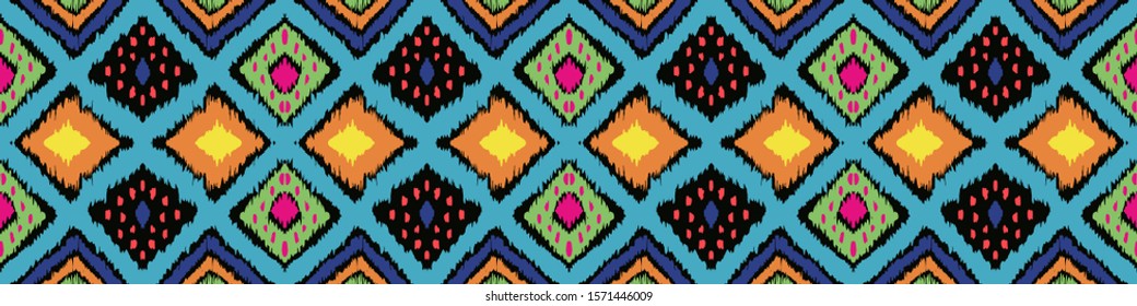 Ikat geometric folklore ornament with diamonds. Tribal ethnic vector texture. Seamless striped pattern in Aztec style. Folk embroidery. Indian, Scandinavian, Gypsy, Mexican, African rug.