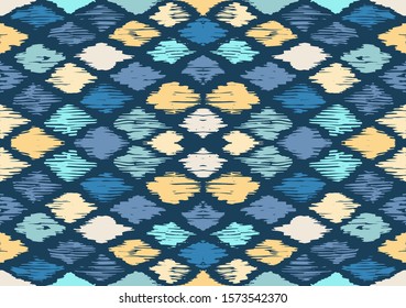 Ikat geometric folklore ornament with diamonds. Tribal ethnic vector texture. Seamless striped pattern in Aztec style. Folk embroidery. Indian, Scandinavian, Gypsy, Mexican, African rug.