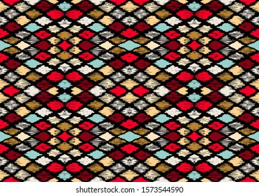 Ikat geometric folklore ornament with diamonds. Tribal ethnic vector texture. Seamless striped pattern in Aztec style. Folk embroidery. Indian, Scandinavian, Gypsy, Mexican, African rug.