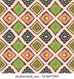 Ikat geometric folklore ornament with diamonds. Tribal ethnic vector texture. Seamless striped pattern in Aztec style. Folk embroidery. Indian, Scandinavian, Gypsy, Mexican, African rug.
