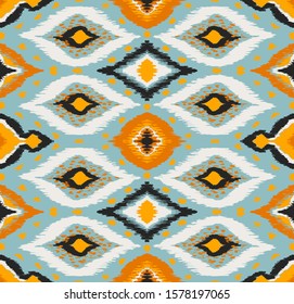 Ikat geometric folklore ornament with diamonds. Tribal ethnic vector texture. Seamless striped pattern in Aztec style. Folk embroidery. Indian, Scandinavian, Gypsy, Mexican, African rug. 