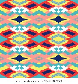Ikat geometric folklore ornament with diamonds. Tribal ethnic vector texture. Seamless striped pattern in Aztec style. Folk embroidery. Indian, Scandinavian, Gypsy, Mexican, African rug.
