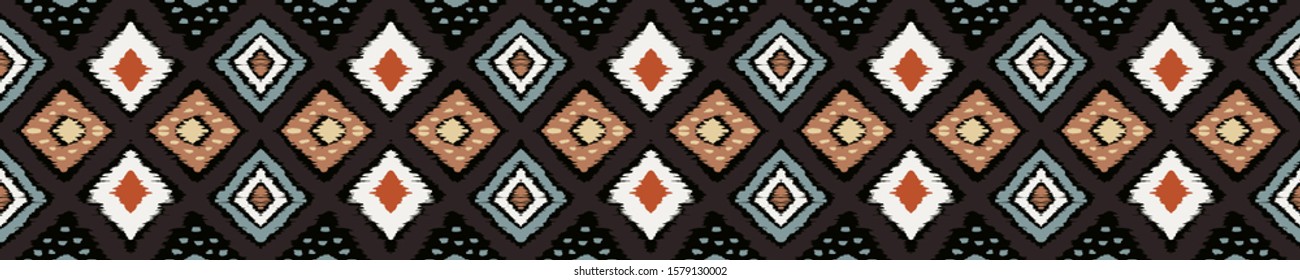 Ikat geometric folklore ornament with diamonds. Tribal ethnic vector texture. Seamless striped pattern in Aztec style. Folk embroidery. Indian, Scandinavian, Gypsy, Mexican, African rug.