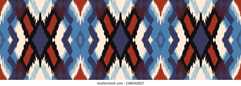 Ikat geometric folklore ornament with diamonds. Tribal ethnic vector texture. Seamless striped pattern in Aztec style. Folk embroidery. Indian, Scandinavian, Gypsy, Mexican, African rug.