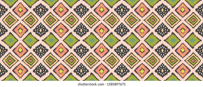 Ikat geometric folklore ornament with diamonds. Tribal ethnic vector texture. Seamless striped pattern in Aztec style. Folk embroidery. Indian, Scandinavian, Gypsy, Mexican, African rug.
