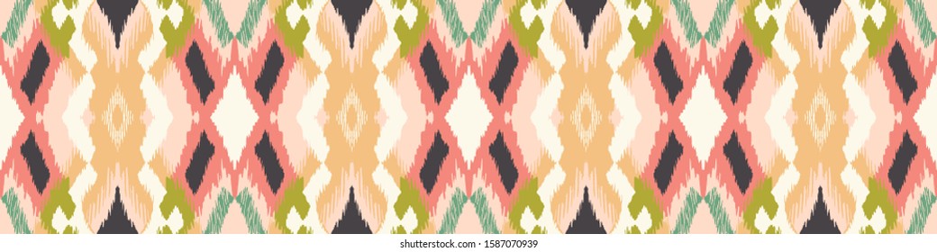 Ikat geometric folklore ornament with diamonds. Tribal ethnic vector texture. Seamless striped pattern in Aztec style. Folk embroidery. Indian, Scandinavian, Gypsy, Mexican, African rug.