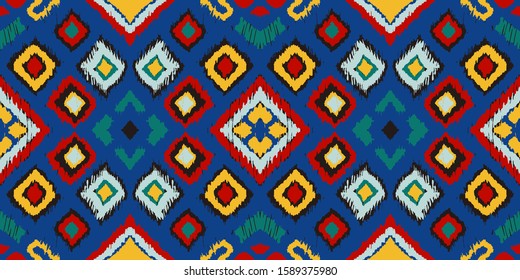 Ikat geometric folklore ornament with diamonds. Tribal ethnic vector texture. Seamless striped pattern in Aztec style. Folk embroidery. Indian, Scandinavian, Gypsy, Mexican, African rug. 