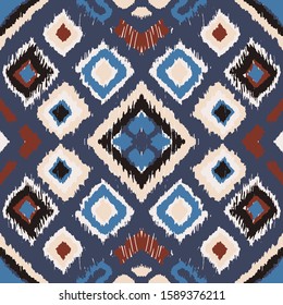 Ikat geometric folklore ornament with diamonds. Tribal ethnic vector texture. Seamless striped pattern in Aztec style. Folk embroidery. Indian, Scandinavian, Gypsy, Mexican, African rug. 
