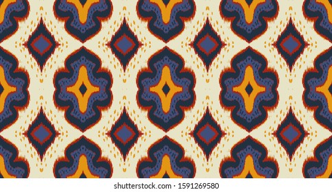 Ikat geometric folklore ornament with diamonds. Damask rug. Tribal ethnic vector texture. Persian geo print. Seamless pattern in Aztec style. Folk embroidery. Gypsy, Mexican, African print. 